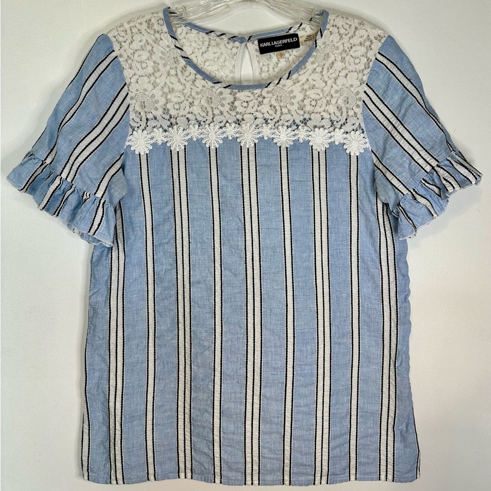 Karl Lagerfeld Paris‎ Laced striped light blue and white blouse small